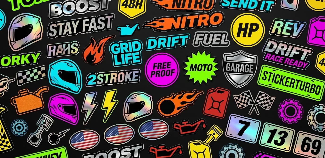 Die-cut racing stickers pressed onto the acrylic — holographic, chrome, glitter, and vinyl